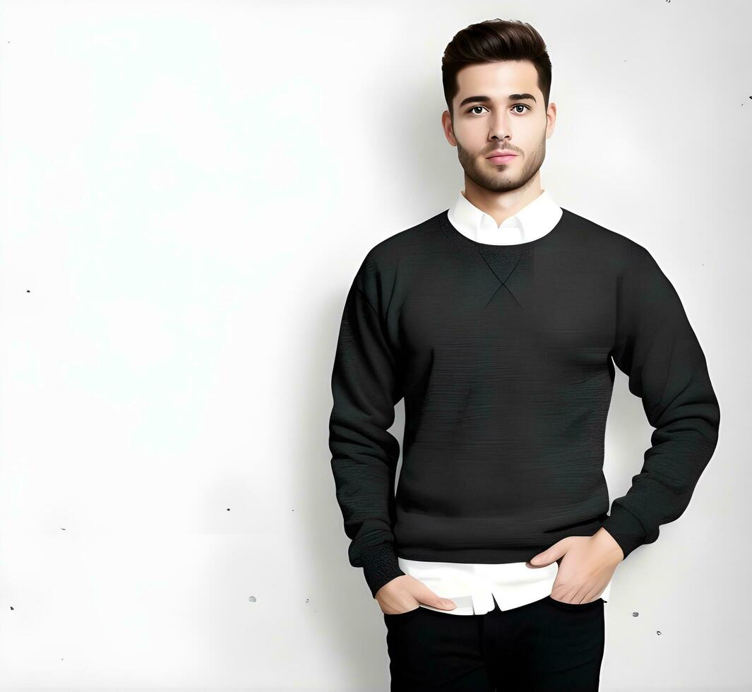 Young man wearing blank black sweater mockup print presentation mockup ai generate photo