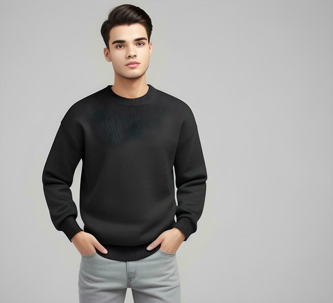 Young man wearing blank black sweater mockup print presentation mockup ai generate photo
