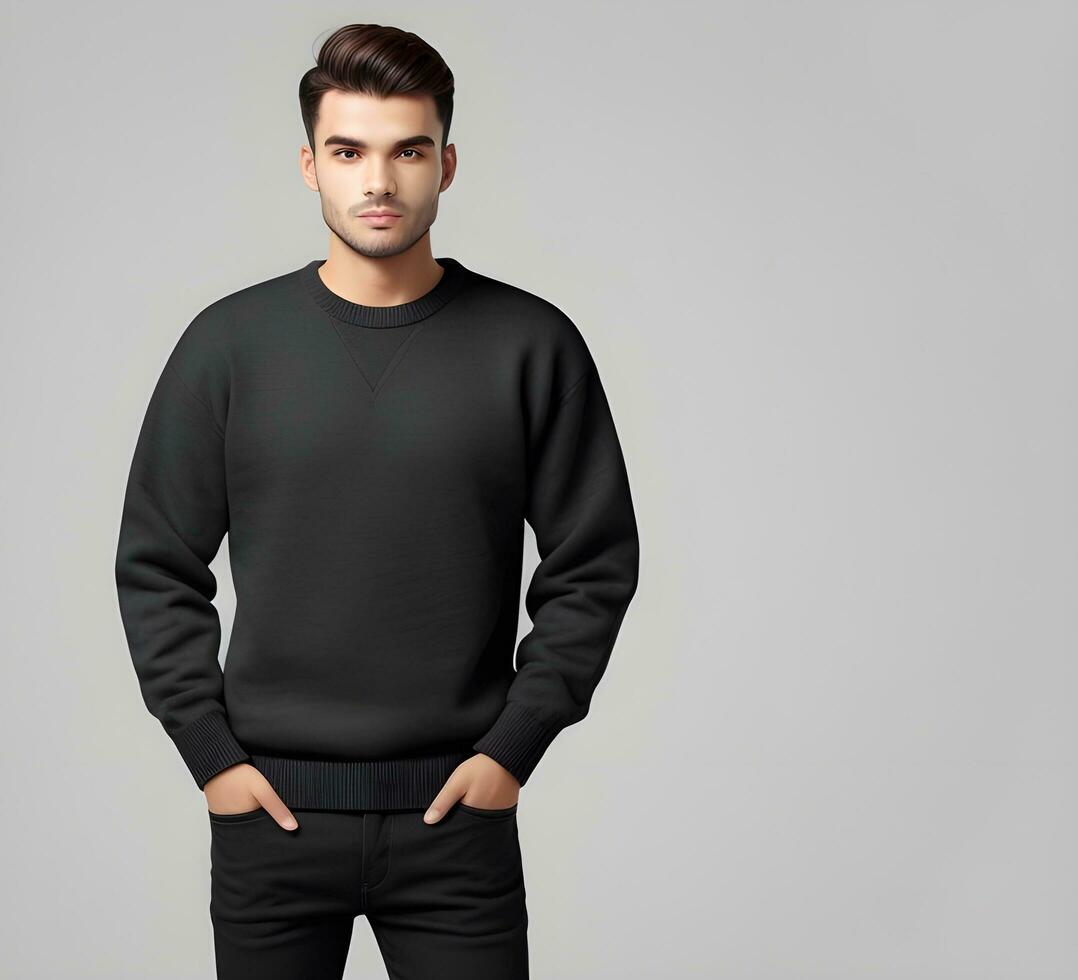 Young man wearing blank black sweater mockup print presentation mockup ai generate photo