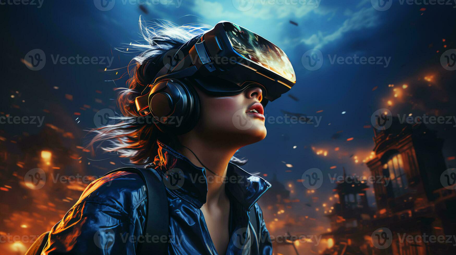 A young girl wearing augmented reality glasses in a computer game in the virtual world photo