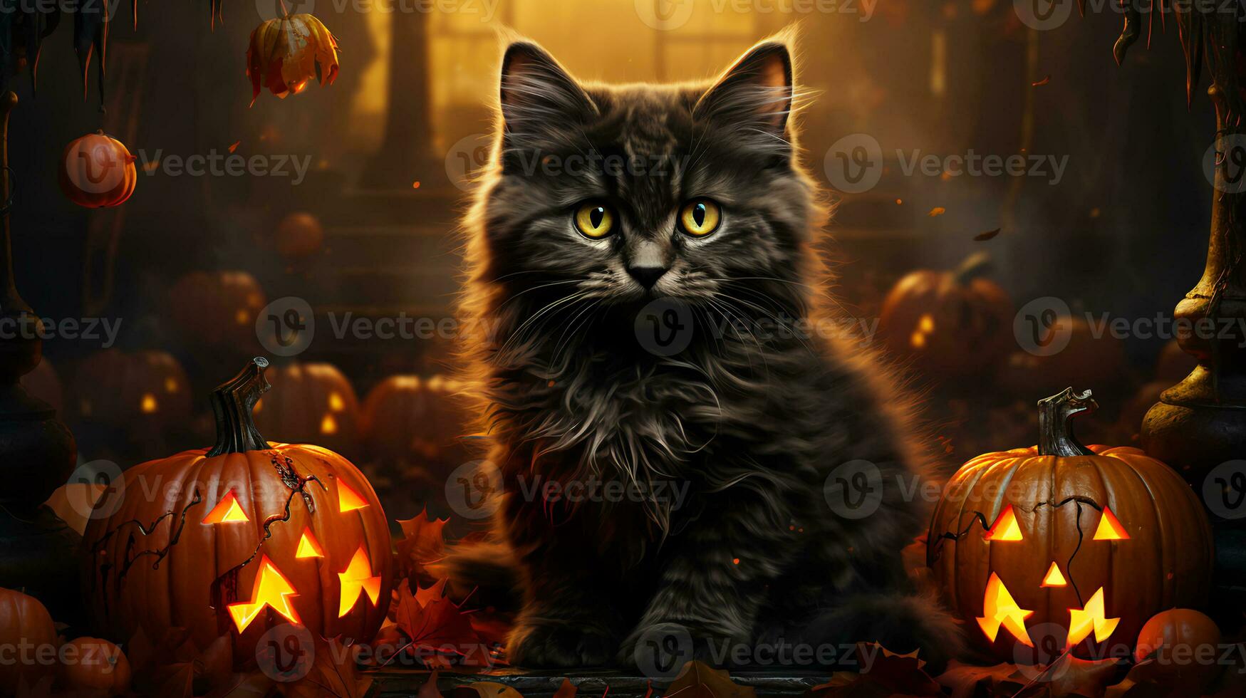 Black cat and scary Halloween decorations photo