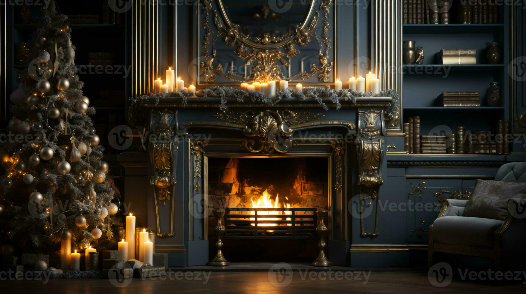 Interior of a festive room with a fireplace, toys and decorations with a gift for the New Year and Christmas photo