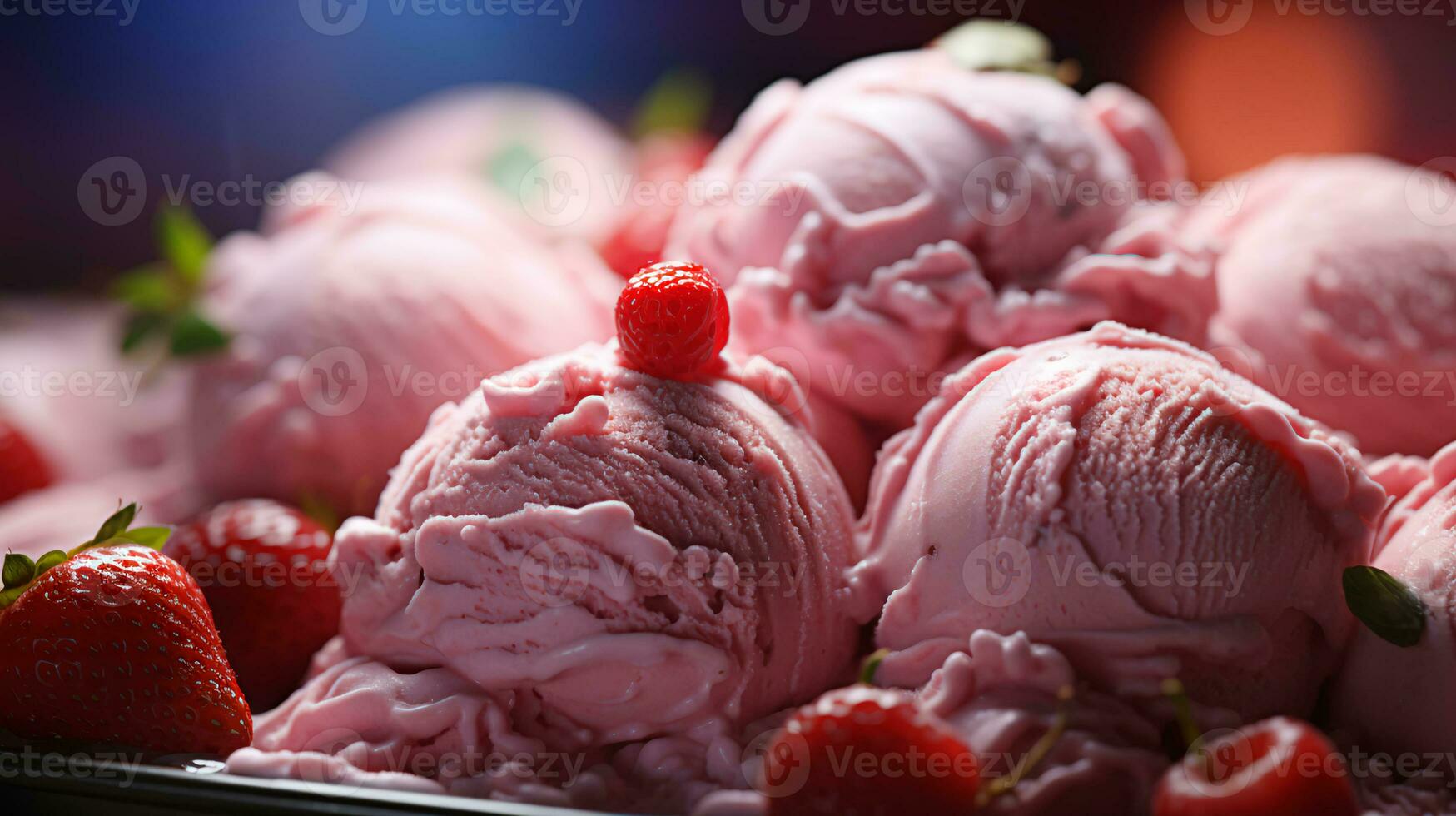 Delicious balls of strawberry pink ice cream sundae photo