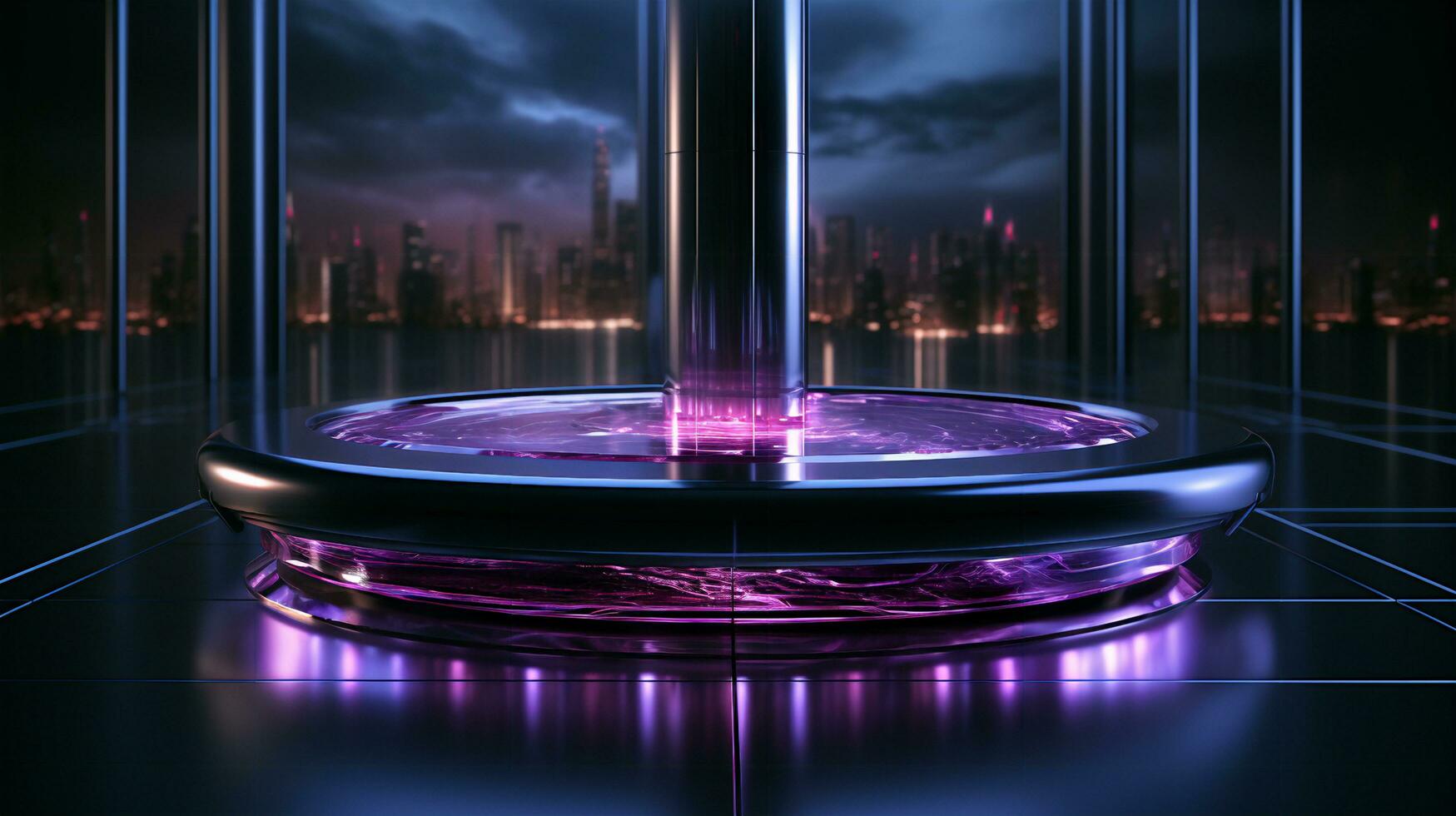 Abstract neon purple futuristic cylindrical round hi-tech platform stand photo