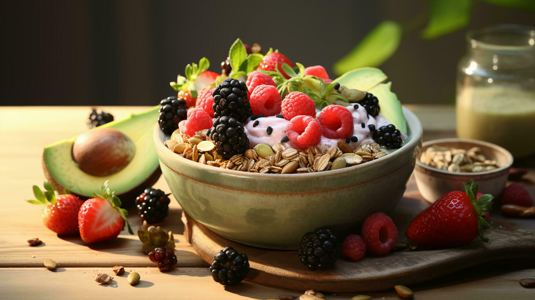 Smoothie, granola, seeds, fresh fruits in a bowl. Healthy breakfast photo