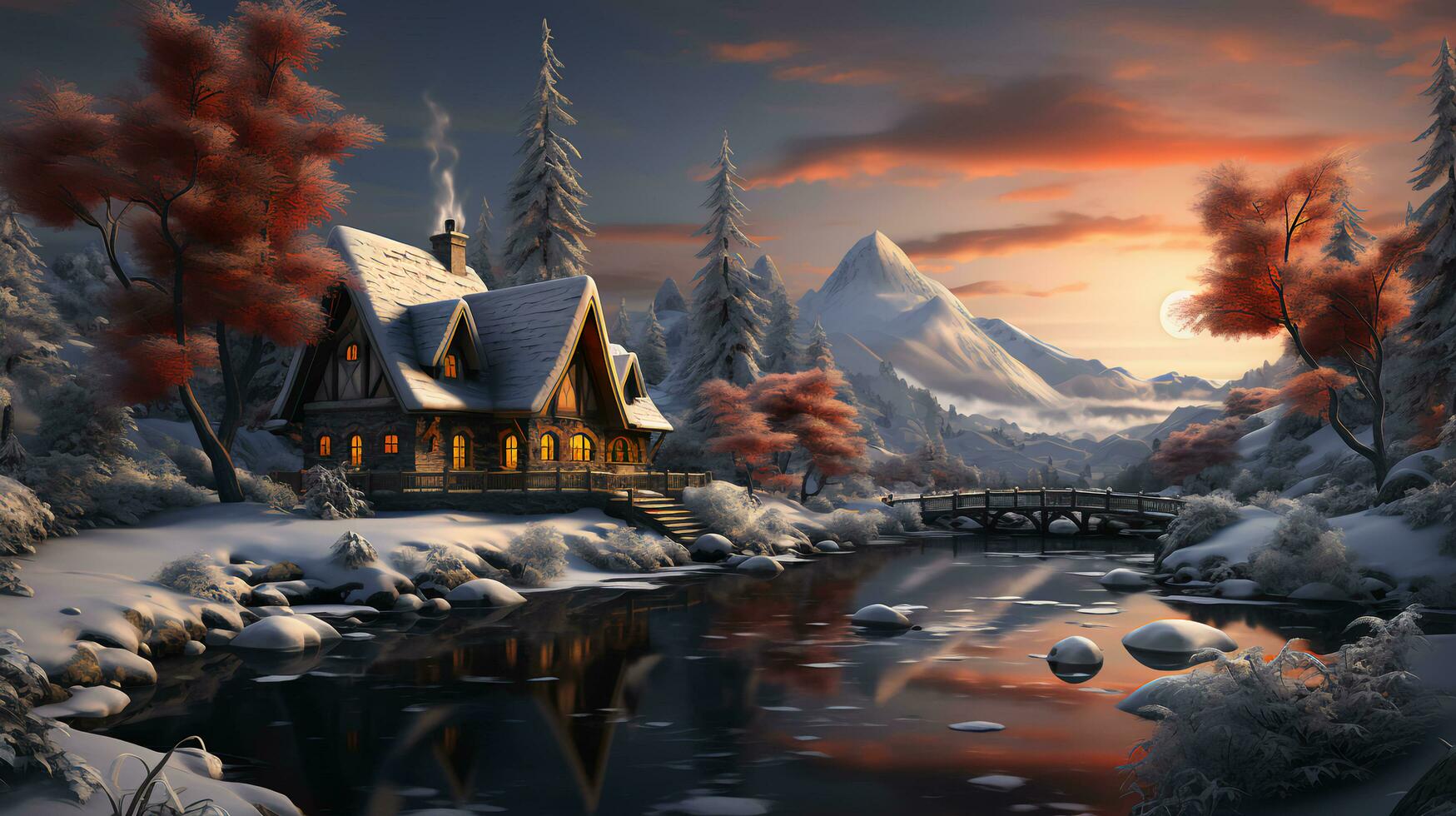 Snowy winter cozy houses for New Year and Christmas nature photo