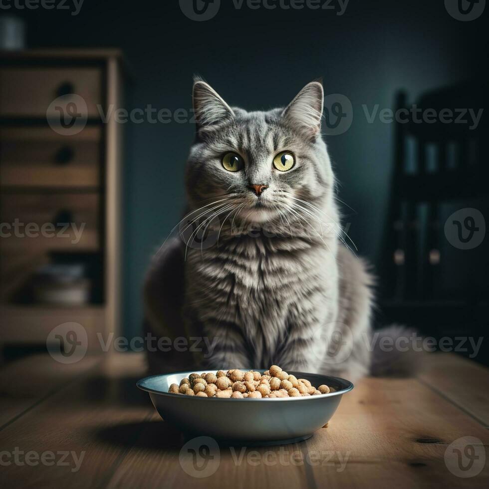 A gray long-haired cat is sitting, there is a bowl of food in front of him. Generative AI photo