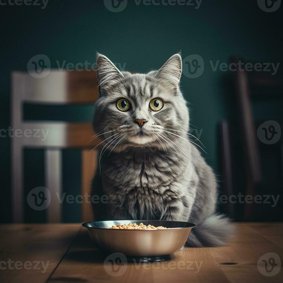 A gray long-haired cat is sitting, there is a bowl of food in front of him. Generative AI photo