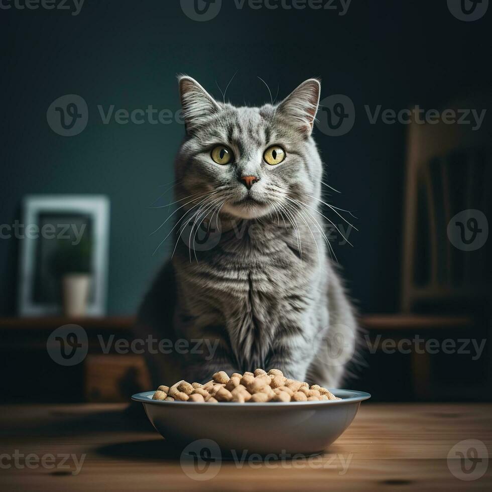 A gray long-haired cat is sitting, there is a bowl of food in front of him. Generative AI photo