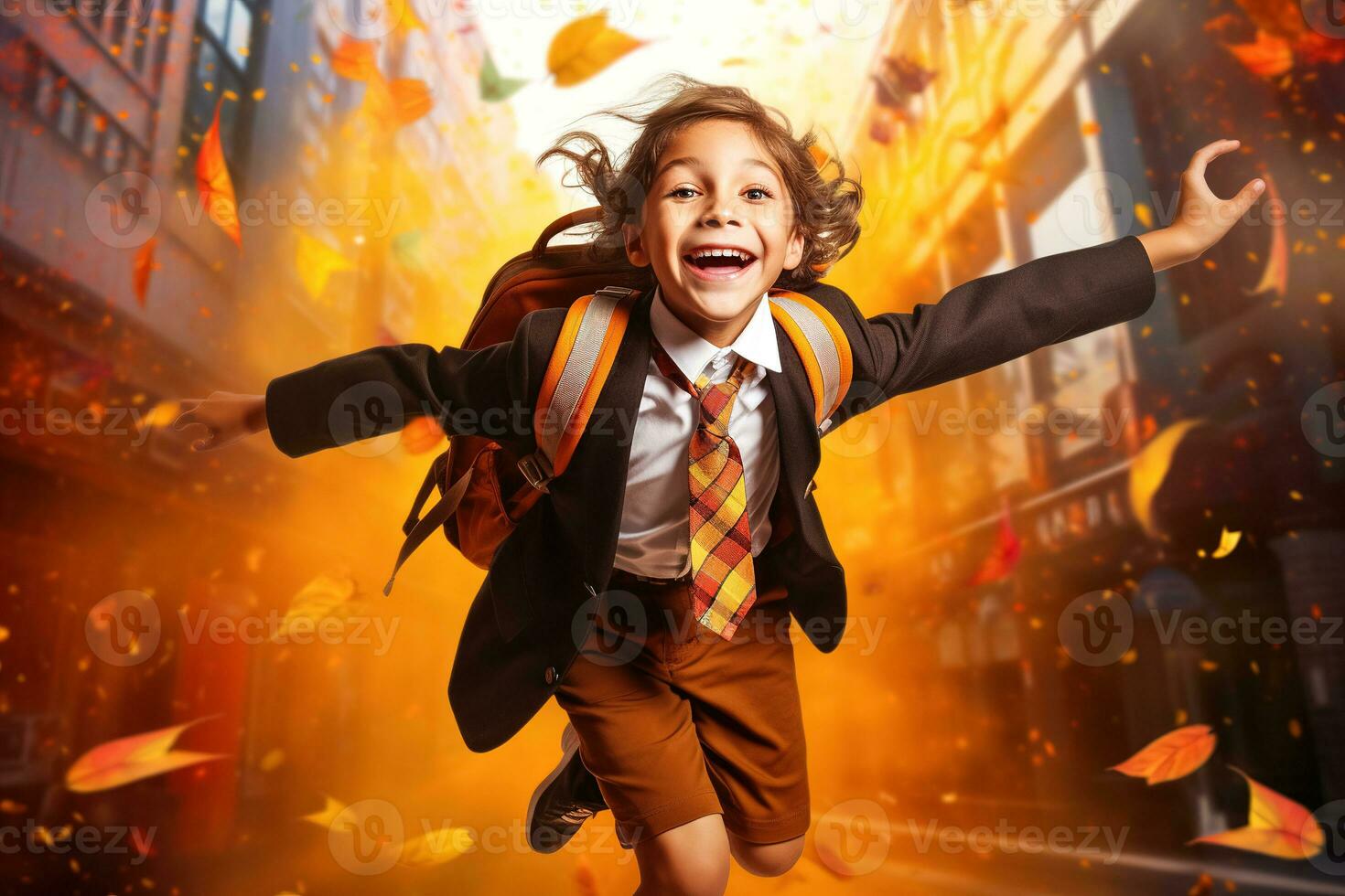 A smiling child going to school on the first day after the holidays. The concept of the end of the holidays and the start of the school year. AI Generated photo