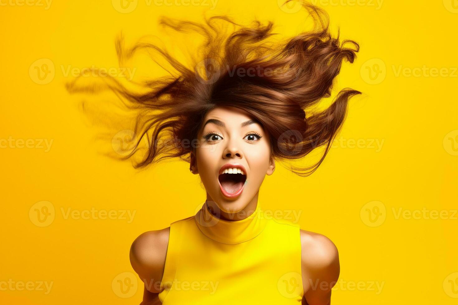 Portrait of a woman with long unkempt hair against an orange backgroundPortrait of a woman with long unkempt hair against an orange background. AI Generated photo