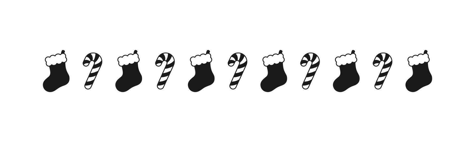Christmas themed decorative border and text divider, Christmas Stocking and Candy Cane Pattern Silhouette. Vector Illustration.