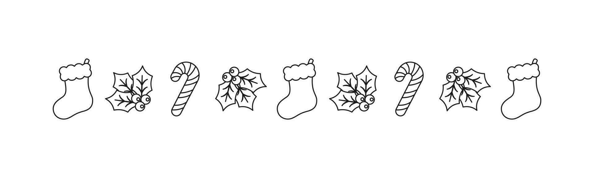 Christmas themed decorative border and text divider, Christmas Stocking, Candy Cane and Mistletoe Pattern Doodle. Vector Illustration.
