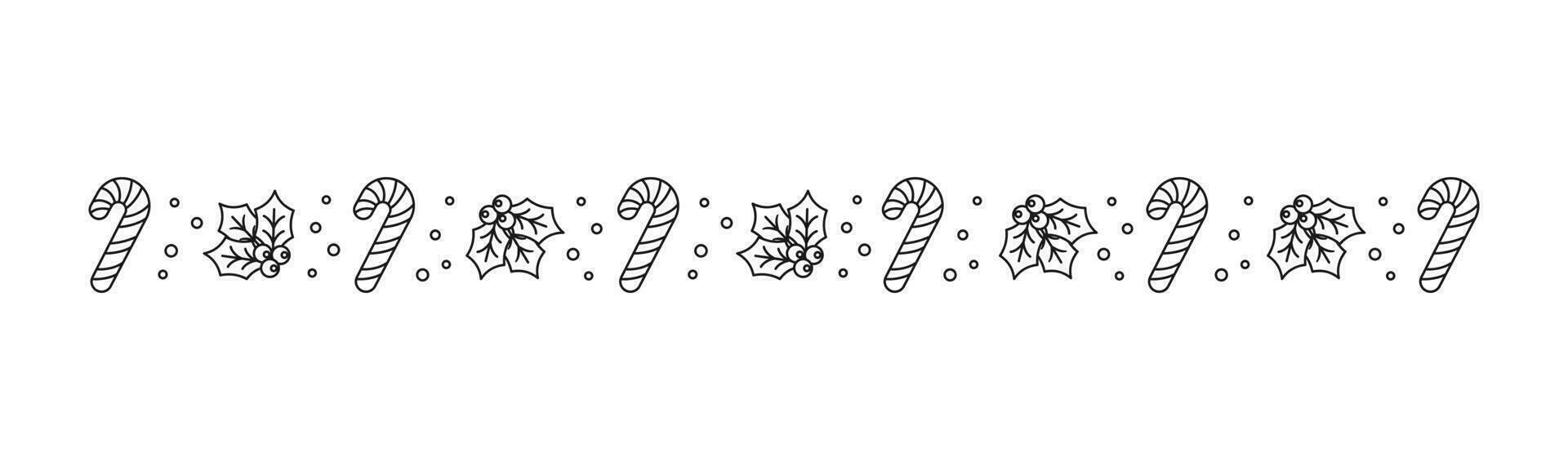 Christmas themed decorative border and text divider, Mistletoe and Candy Cane Pattern Outline Doodle. Vector Illustration.