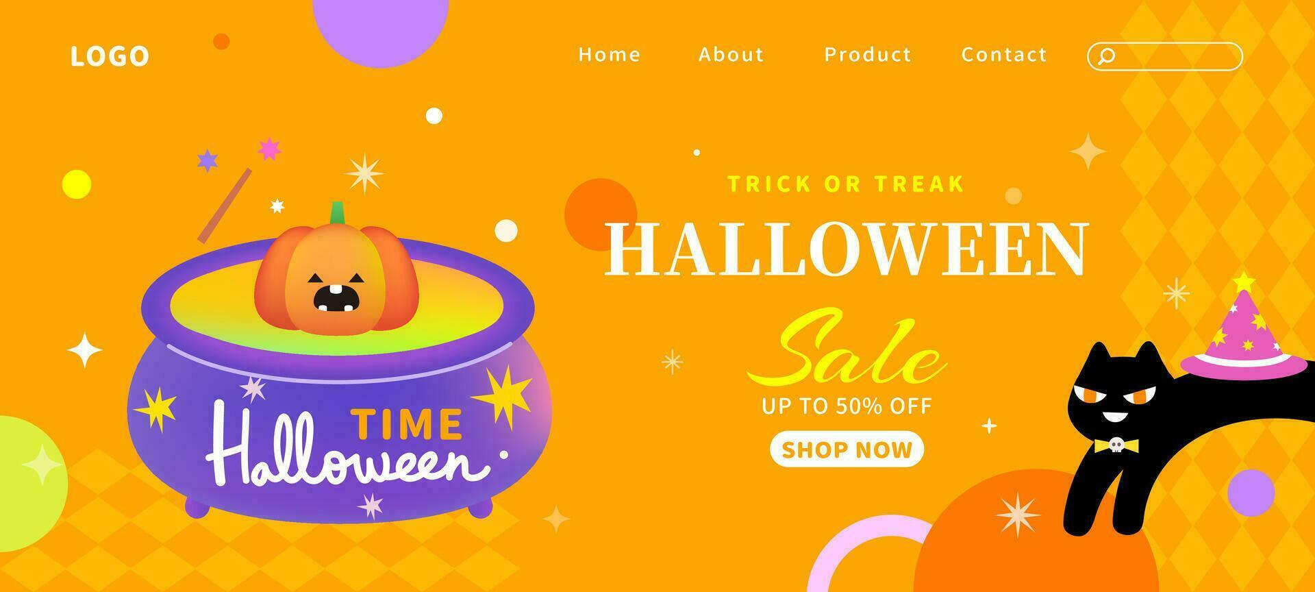 Halloween sale poster banner vector template. Pumpkin cat party balloons website social media