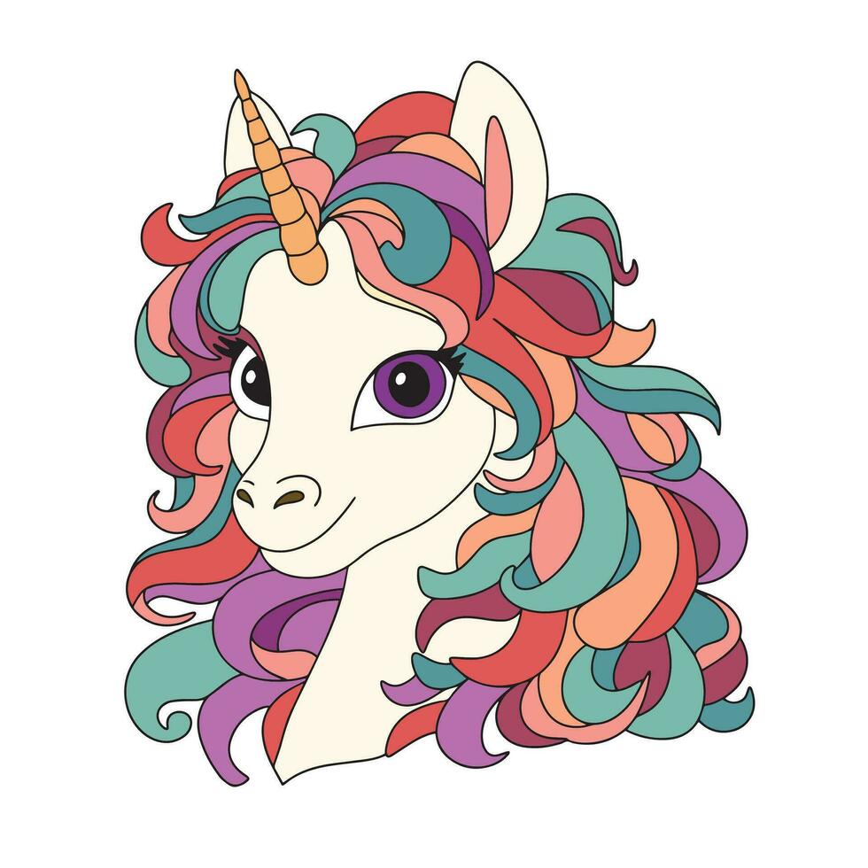 Head unicorn colored outline. Hand drawn unicorn isolated on white background. Doodle unicorn. Vector illustration.