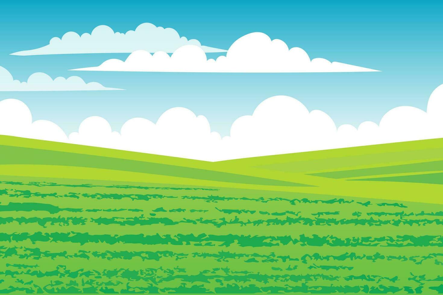 Green field with blue sky and clouds. Vector illustration.