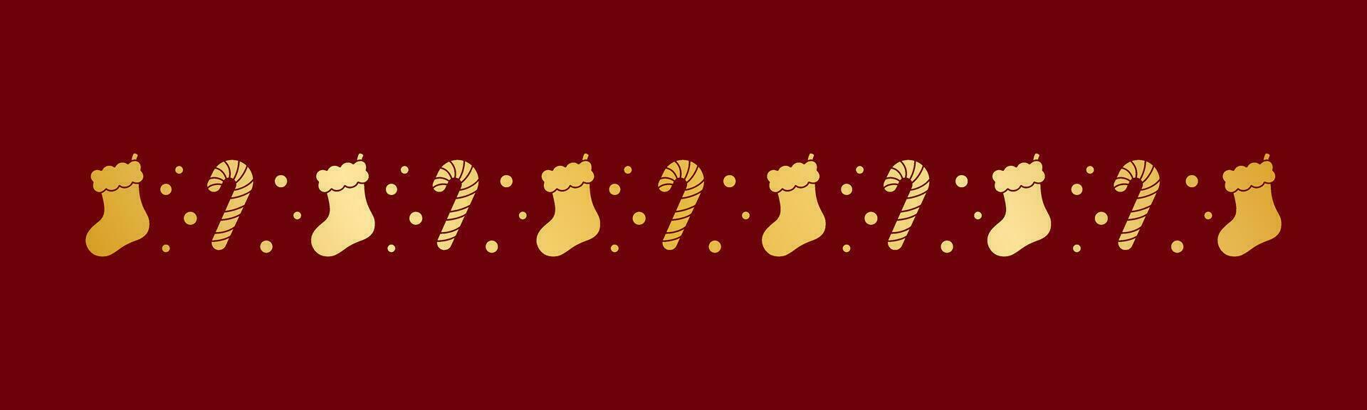 Gold Christmas themed decorative border and text divider, Christmas Stocking and Candy Cane Pattern Silhouette. Vector Illustration.
