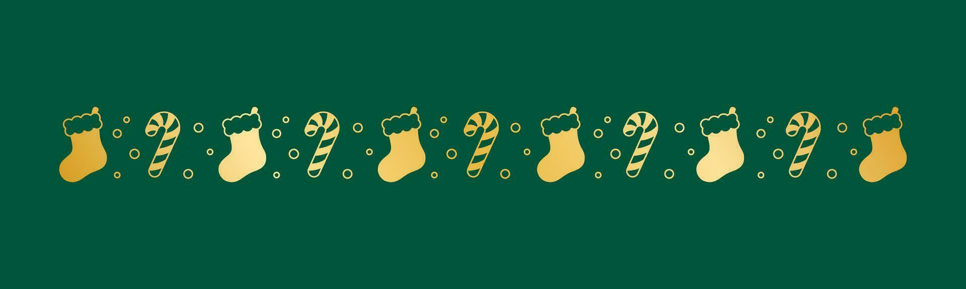 Gold Christmas themed decorative border and text divider, Christmas Stocking and Candy Cane Pattern Silhouette. Vector Illustration.