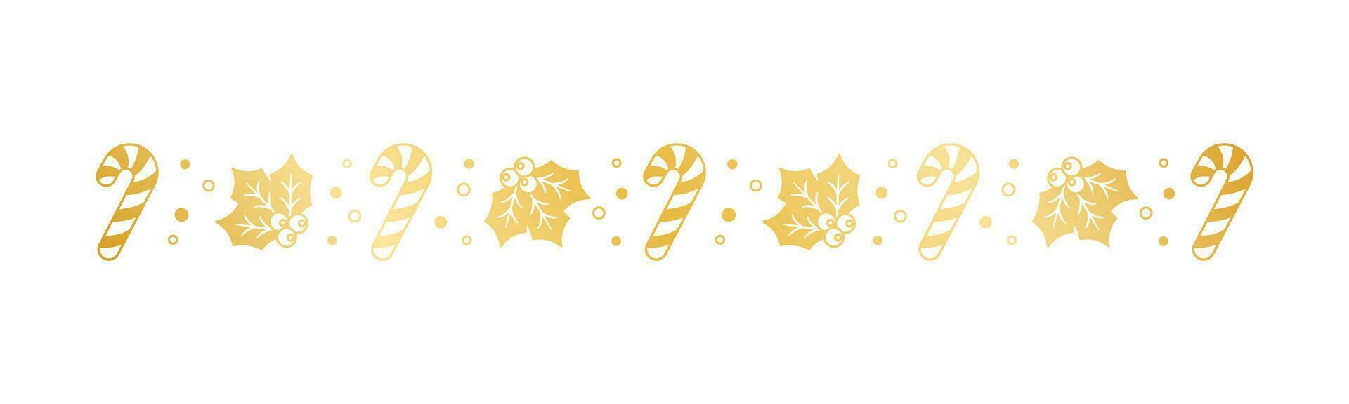 Gold Christmas themed decorative border and text divider, Mistletoe and Candy Cane Pattern Silhouette. Vector Illustration.