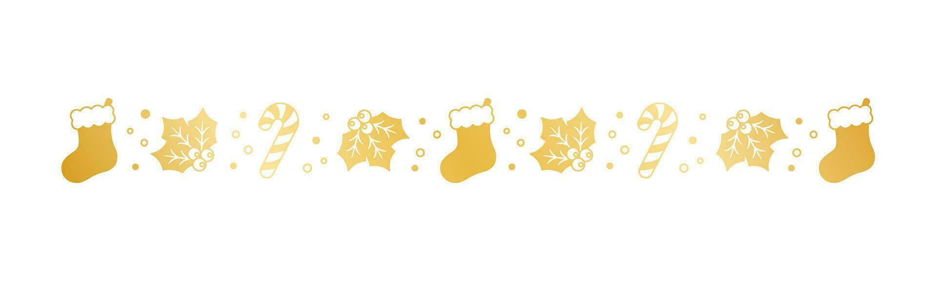 Gold Christmas themed decorative border and text divider, Christmas Stocking, Candy Cane and Mistletoe Pattern Silhouette. Vector Illustration.