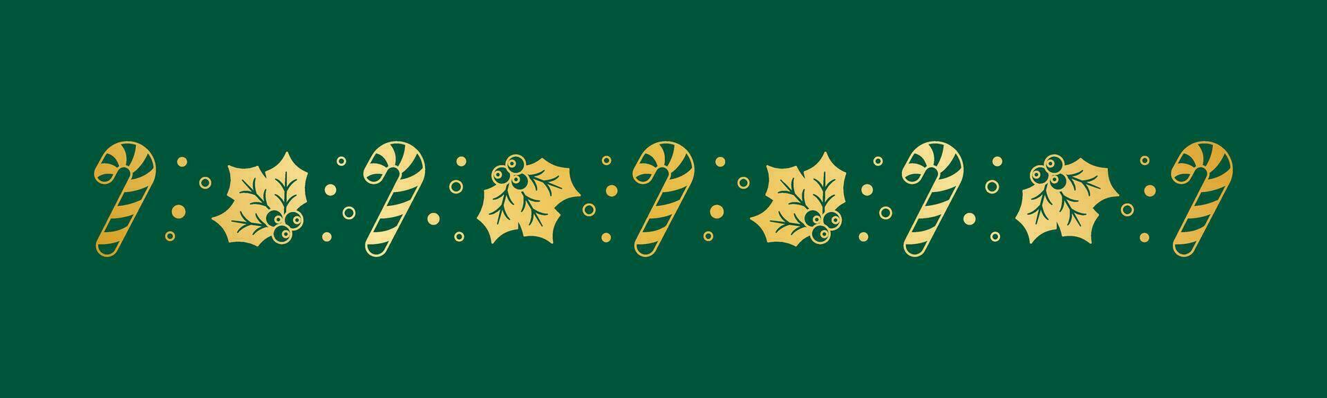 Gold Christmas themed decorative border and text divider, Mistletoe and Candy Cane Pattern Silhouette. Vector Illustration.