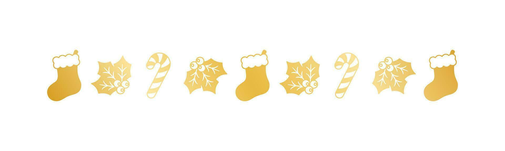 Gold Christmas themed decorative border and text divider, Christmas Stocking, Candy Cane and Mistletoe Pattern Silhouette. Vector Illustration.