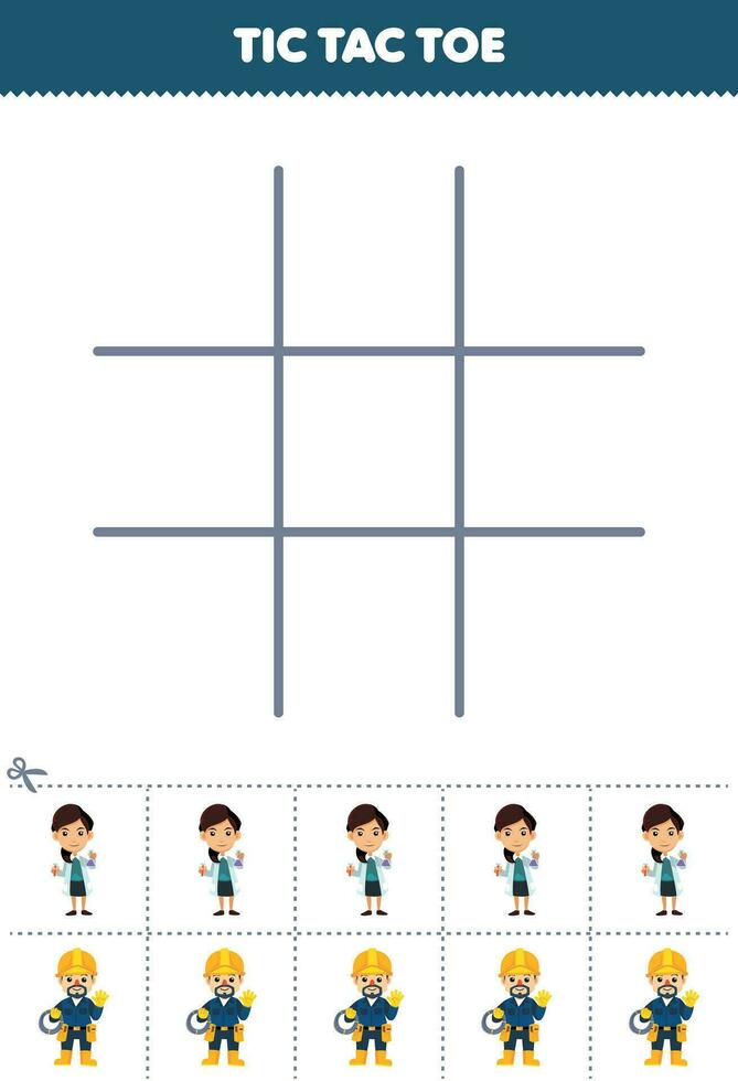 Education game for children tic tac toe set with cute cartoon scientist and electrician picture printable profession worksheet vector