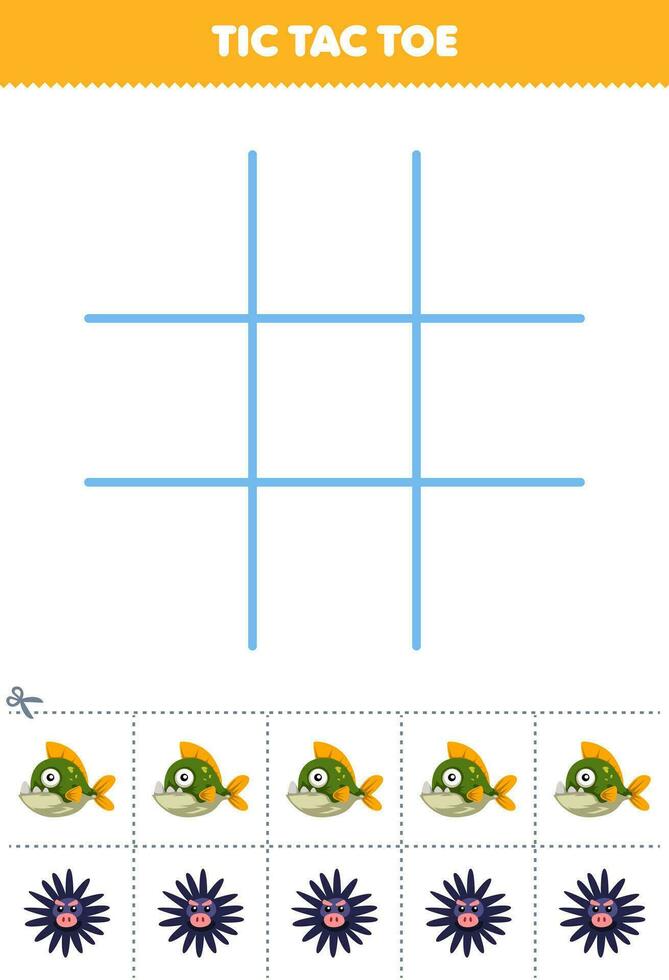 Education game for children tic tac toe set with cute cartoon piranha and urchin picture printable underwater worksheet vector