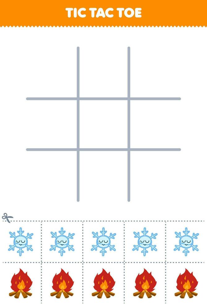 Education game for children tic tac toe set with cute cartoon snowflake and bonfire picture printable winter worksheet vector