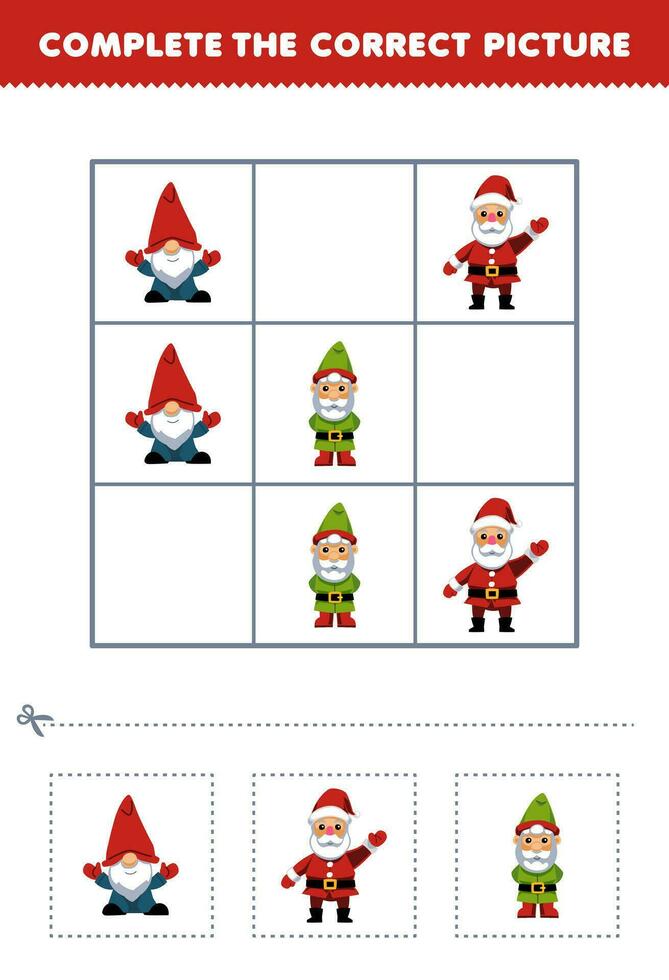 educación juego para niños completar el correcto imagen de un linda dibujos animados enano y Papa Noel imprimible invierno hoja de cálculo vector