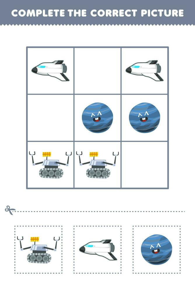 Education game for children complete the correct picture of a cute cartoon robot spaceship and neptune planet printable solar system worksheet vector