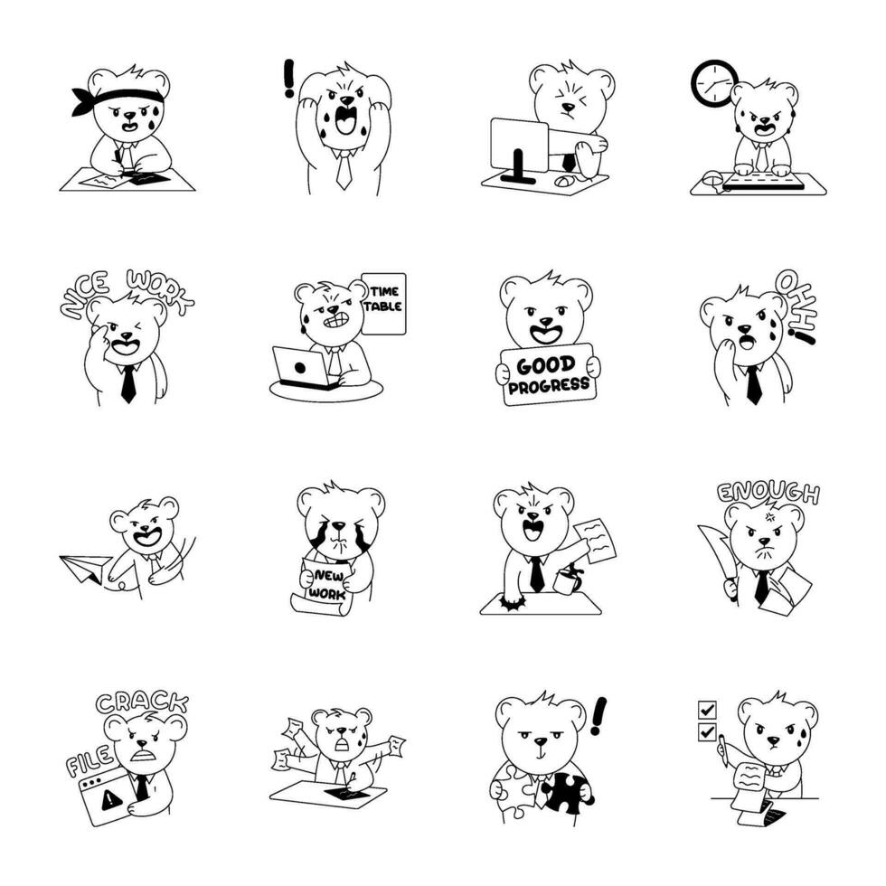 Bundle of Working Teddy Bear Glyph Stickers vector