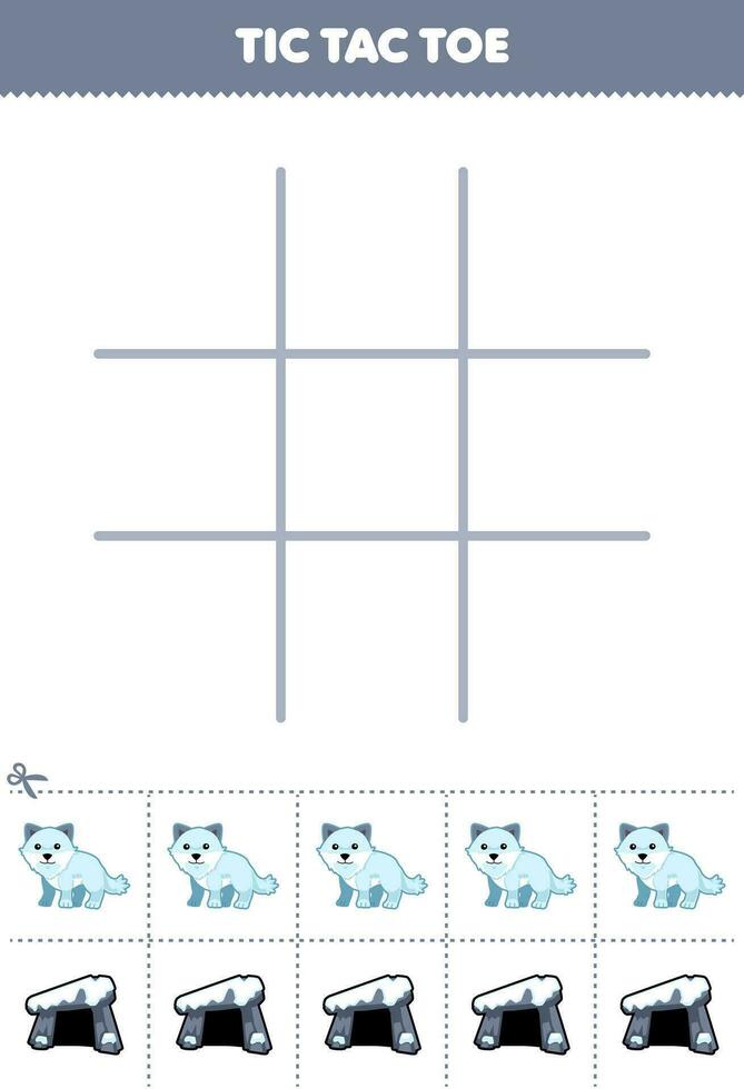 Education game for children tic tac toe set with cute cartoon arctic fox and den picture printable winter worksheet vector