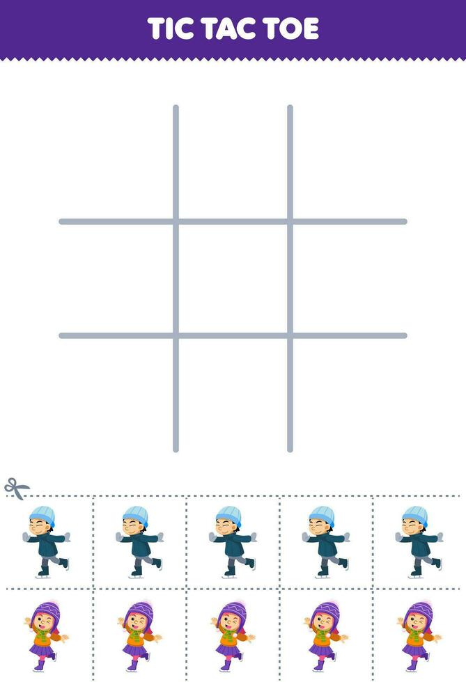 educación juego para niños tic tac dedo del pie conjunto con linda dibujos animados chico y niña jugando hielo Patinaje imagen imprimible invierno hoja de cálculo vector