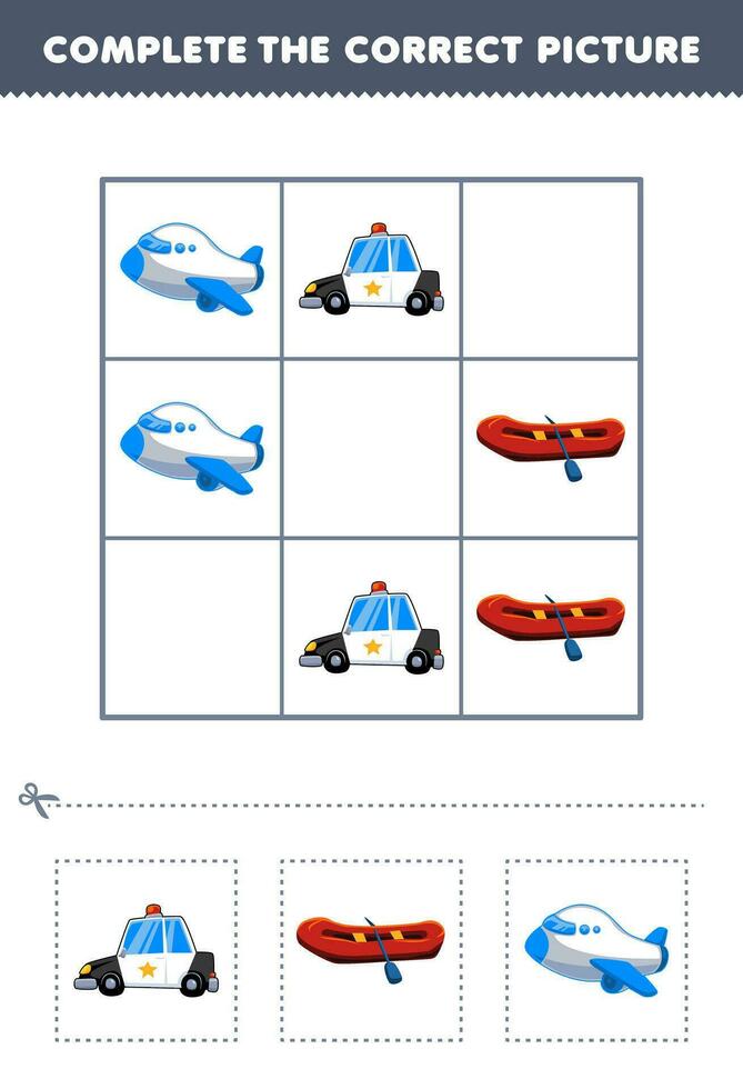 educación juego para niños completar el correcto imagen de un linda dibujos animados policía coche inflable barco y avión imprimible transporte hoja de cálculo vector