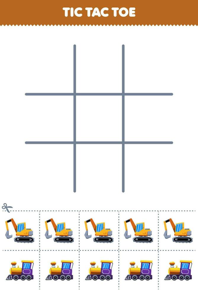 educación juego para niños tic tac dedo del pie conjunto con linda dibujos animados excavador y locomotora tren imagen imprimible transporte hoja de cálculo vector