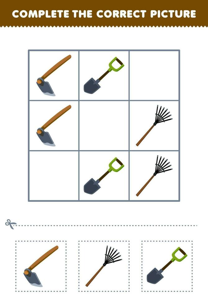 educación juego para niños completar el correcto imagen de un linda dibujos animados azada rastrillo y pala imprimible herramienta hoja de cálculo vector