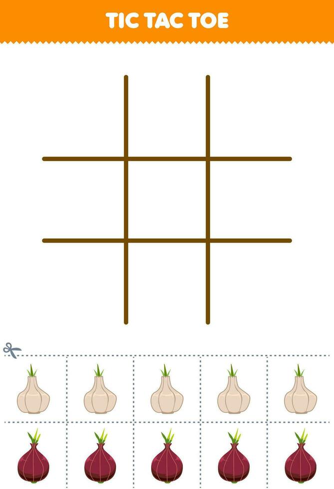 Education game for children tic tac toe set with cute cartoon garlic and shallot picture printable vegetable worksheet vector