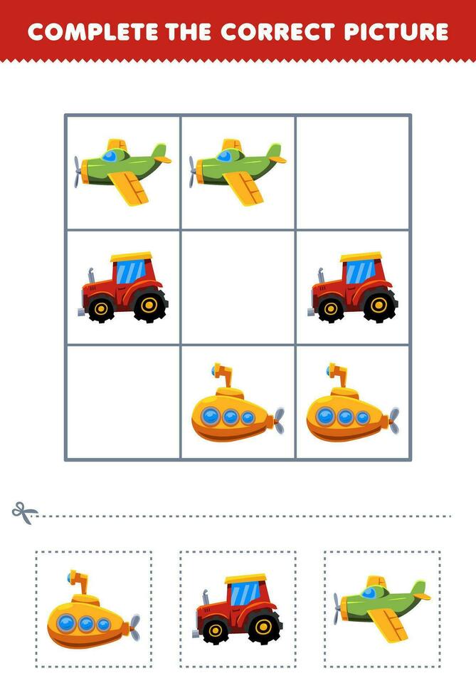 educación juego para niños completar el correcto imagen de un linda dibujos animados submarino tractor y avión imprimible transporte hoja de cálculo vector