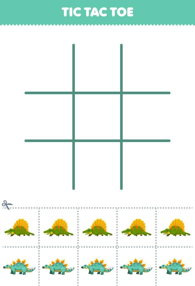 Education game for children tic tac toe set with cute cartoon dimetrodon and stegosaurus picture printable prehistoric dinosaur worksheet vector