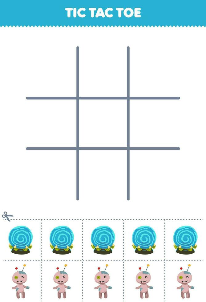 educación juego para niños tic tac dedo del pie conjunto con linda dibujos animados magia orbe y vudú muñeca imagen imprimible Víspera de Todos los Santos hoja de cálculo vector