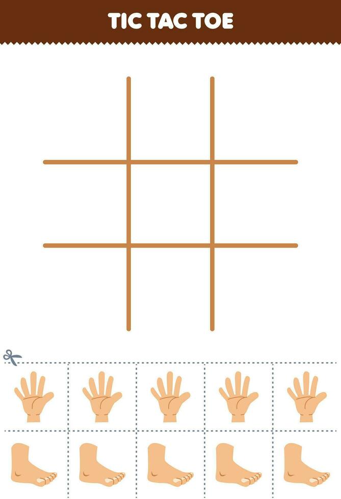 Education game for children tic tac toe set with cute cartoon hand and foot picture printable anatomy and organ worksheet vector