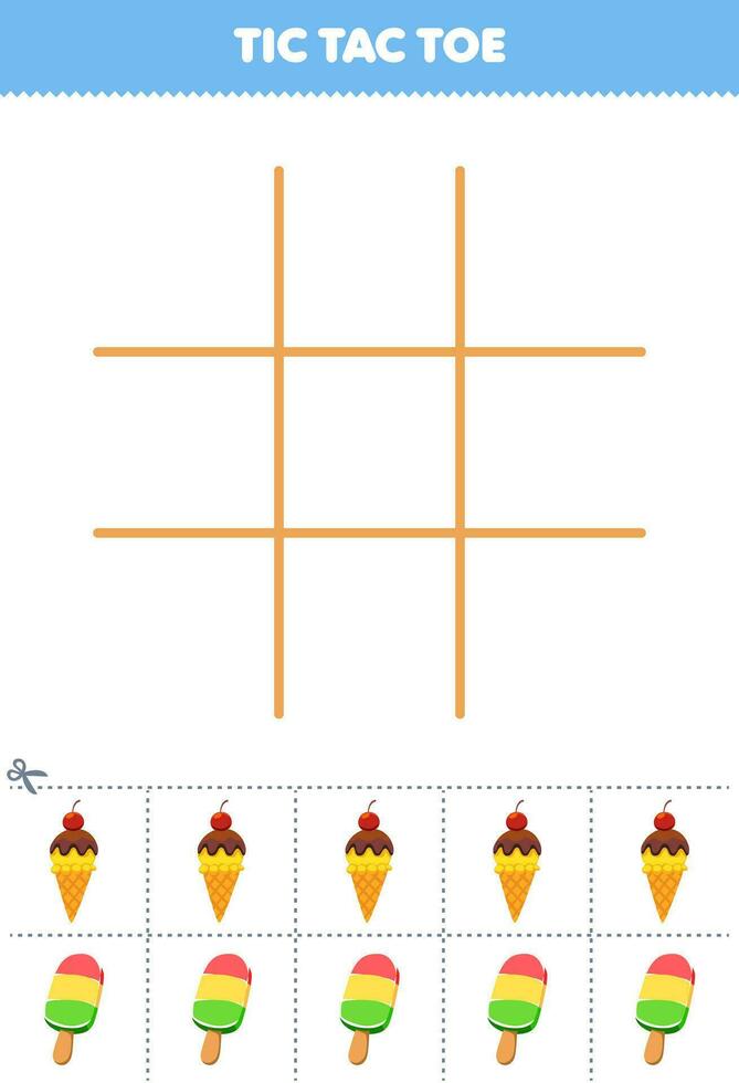 Education game for children tic tac toe set with cute cartoon ice cream and popsicle picture printable food worksheet vector