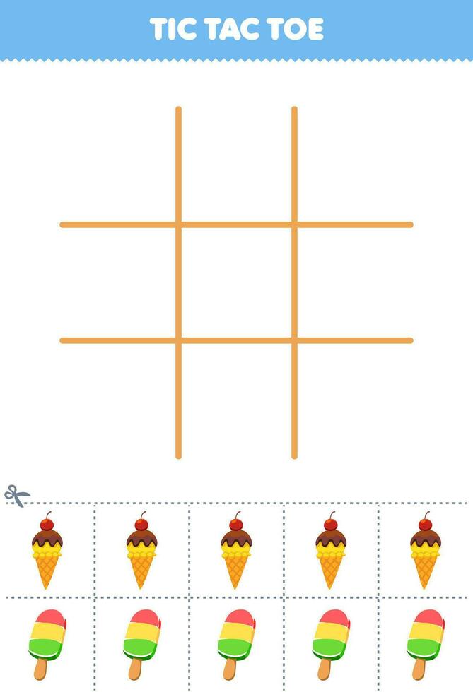 educación juego para niños tic tac dedo del pie conjunto con linda dibujos animados hielo crema y paleta de hielo imagen imprimible comida hoja de cálculo vector