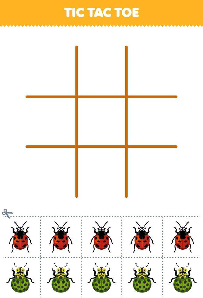 educación juego para niños tic tac dedo del pie conjunto con linda dibujos animados mariquita imagen imprimible error hoja de cálculo vector