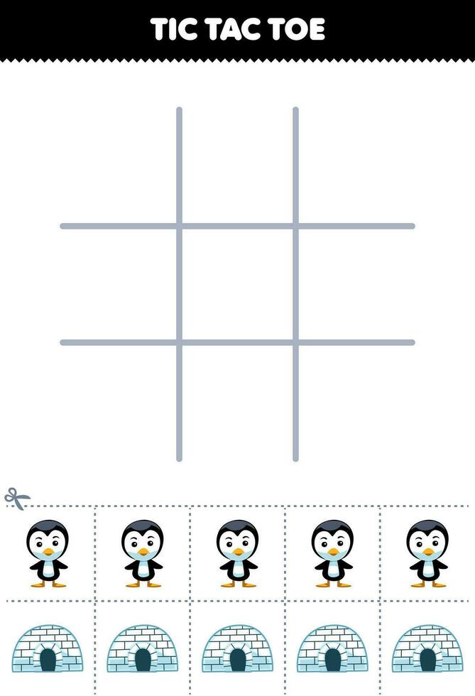 educación juego para niños tic tac dedo del pie conjunto con linda dibujos animados pingüino y iglú imagen imprimible invierno hoja de cálculo vector