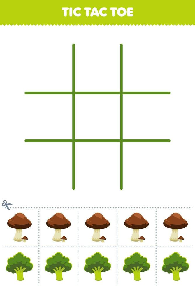 Education game for children tic tac toe set with cute cartoon mushroom and broccoli picture printable vegetable worksheet vector