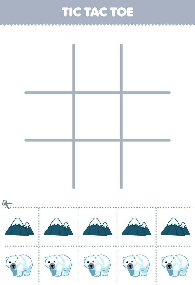 Education game for children tic tac toe set with cute cartoon mountain and polar bear picture printable winter worksheet vector