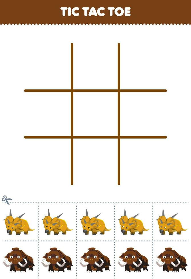 Education game for children tic tac toe set with cute cartoon xenoceratops and mammoth picture printable prehistoric dinosaur worksheet vector